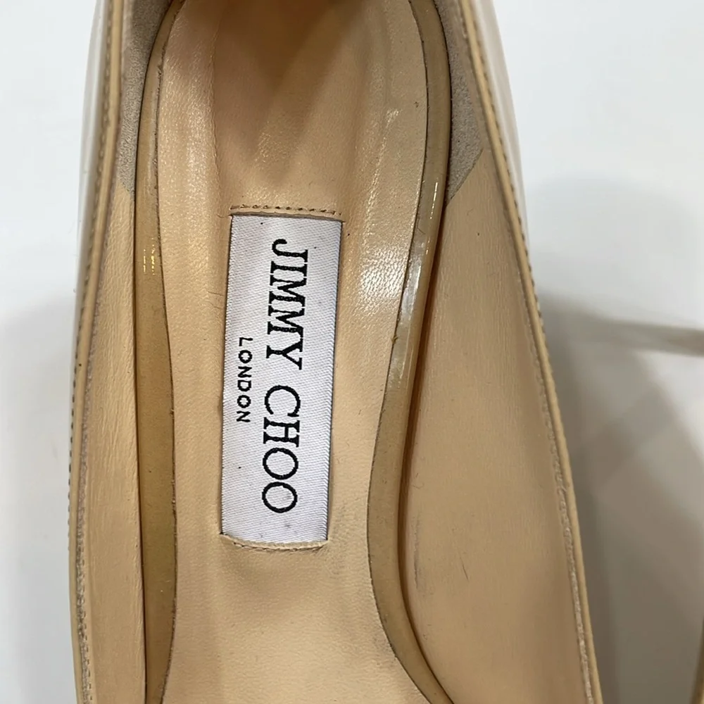 Jimmy Choo Stiletto Heels Nude Patent Leather 39.5 Made In Italy EUC